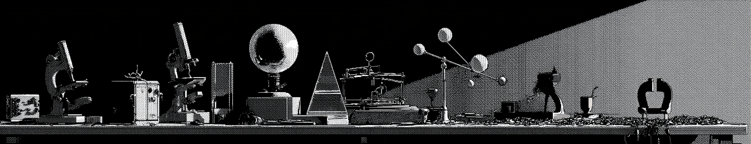 Manga screentone: a long laboratory bench of science demonstration apparatus — microscope, Van de Graaff generator, prism, orrery, magnets and iron filings — lit hard from one side.